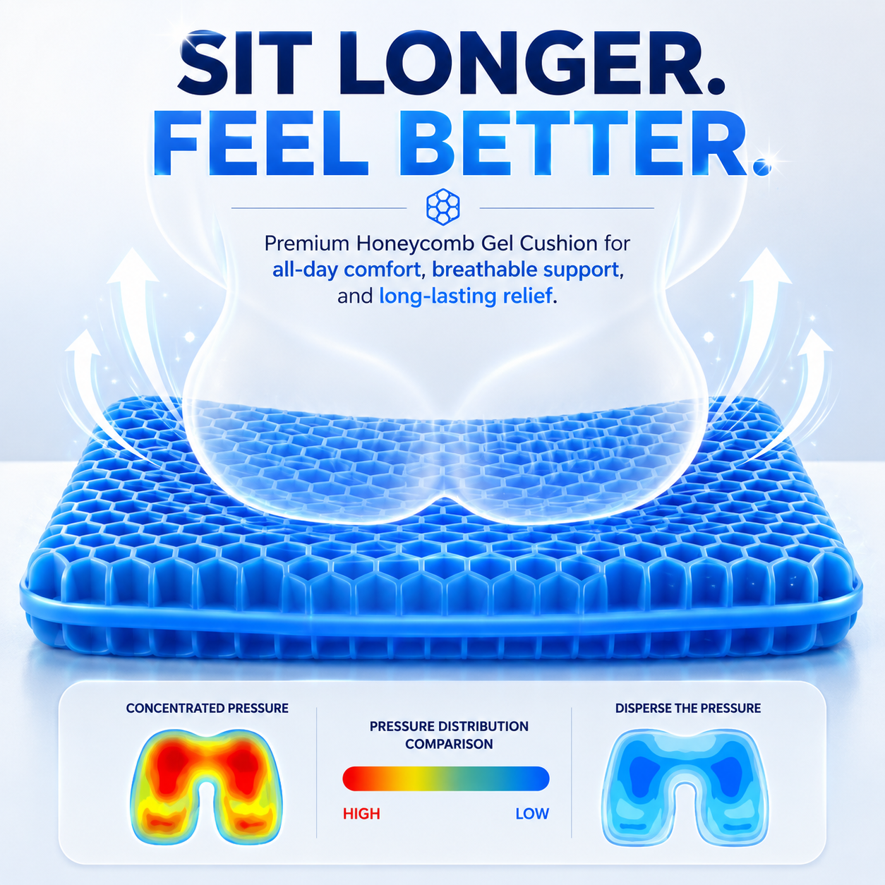 100% Gel Seat Cushion for Long Sitting Comfort