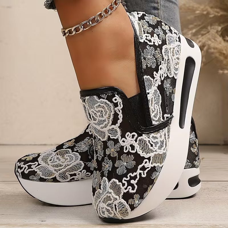 Women’s Floral Embroidered Wedge – Breathable Mesh Slip-On Casual Shoes with Thick EVA Sole