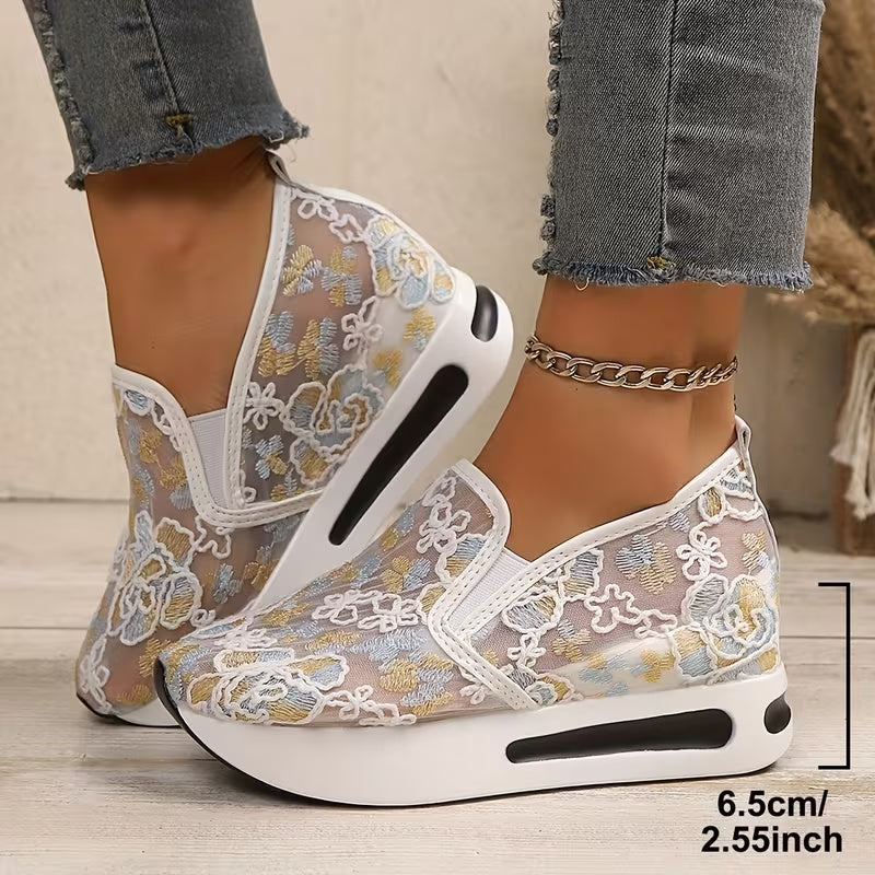 Women’s Floral Embroidered Wedge – Breathable Mesh Slip-On Casual Shoes with Thick EVA Sole