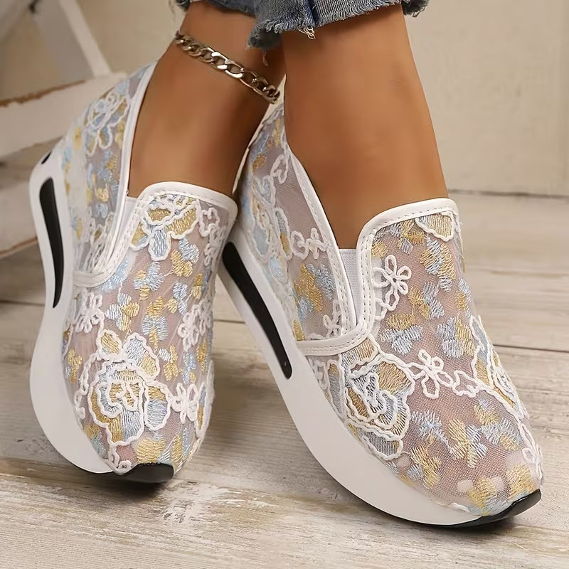 Women’s Floral Embroidered Wedge – Breathable Mesh Slip-On Casual Shoes with Thick EVA Sole