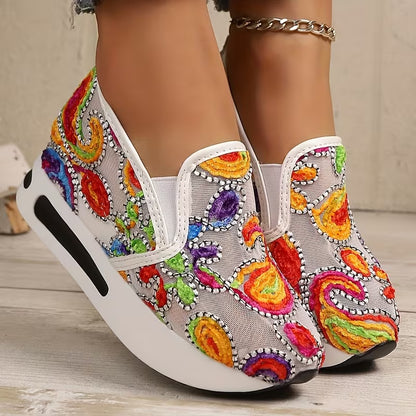 Women’s Floral Embroidered Wedge – Breathable Mesh Slip-On Casual Shoes with Thick EVA Sole