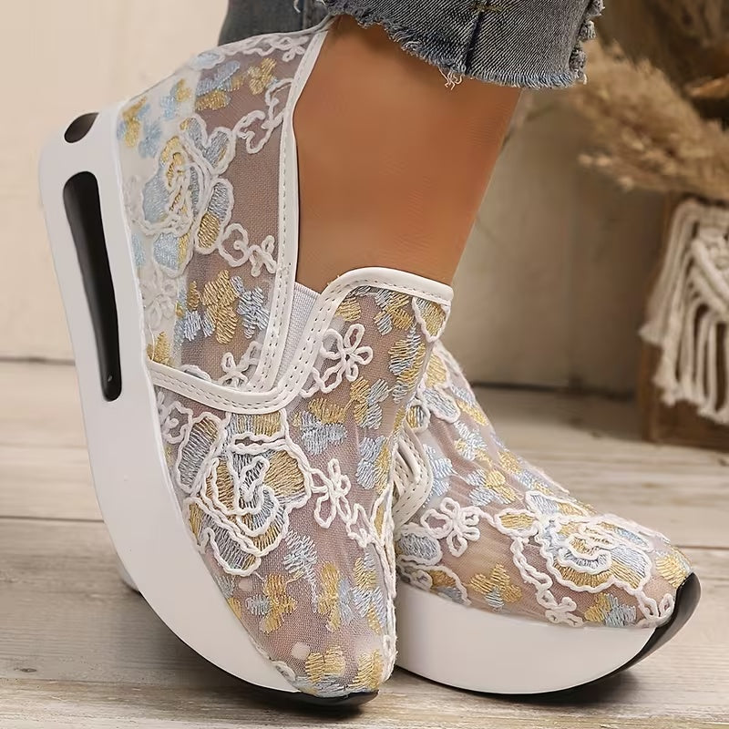 Women’s Floral Embroidered Wedge – Breathable Mesh Slip-On Casual Shoes with Thick EVA Sole