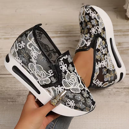Women’s Floral Embroidered Wedge – Breathable Mesh Slip-On Casual Shoes with Thick EVA Sole