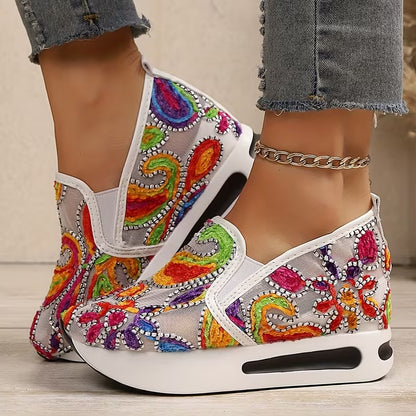 Women’s Floral Embroidered Wedge – Breathable Mesh Slip-On Casual Shoes with Thick EVA Sole