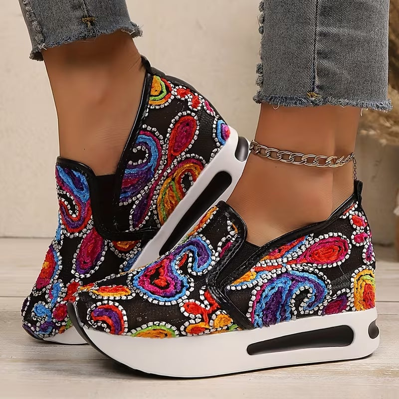 Women’s Floral Embroidered Wedge – Breathable Mesh Slip-On Casual Shoes with Thick EVA Sole