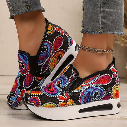 Women’s Floral Embroidered Wedge – Breathable Mesh Slip-On Casual Shoes with Thick EVA Sole